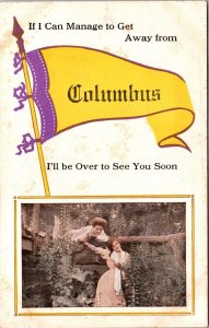 Advertising Postcard Pennant Flag Man and Woman Lovers Columbus, Illinois