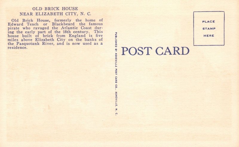 Vintage Postcard The Old Brick House Rendezvous Of Blackbeard Elizabeth City NC