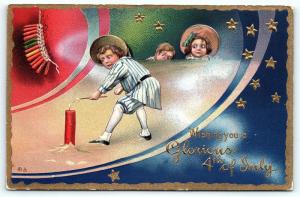 Postcard Glorious Fourth 4th of July Boy Lighting Firecrackers 1910 A/S Nash A01