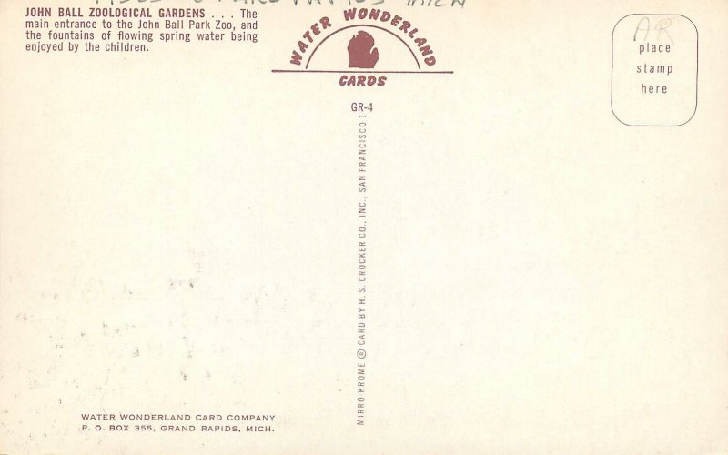 Postcard Michigan Grand Rapids Ball Zoological Gardens 1950s Crocker 23-6377