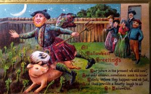 Halloween Postcard Pig Moon Man In Kilt Pitchfork Crops Gottschalk Germany 2171