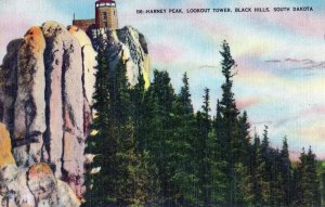 VTG 1930s Harney Peak Lookout Tower Black Hills South Dakota SD Linen Postcard