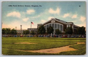 Kingston Pennsylvania~109th Field Artillery Armory~USA Flag~Linen 1940s Postcard