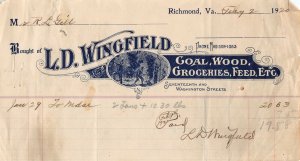 RICHMOND VA~L D WINGFIELD-COAL WOOD GROCERIES-17th & WASHINGTON ST~1920 BILLHEAD