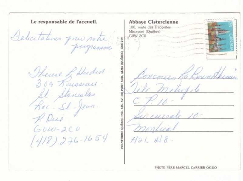 Reception Manager, Abbaye Cistercienne de Mistassini, Quebec, 1987 Postcard