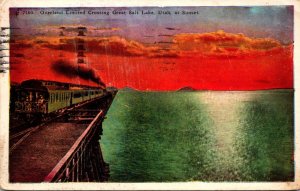 Utah Overland Limited Crossing Great Salt Lake At Sunset 1927