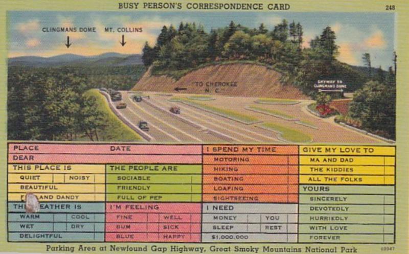 Humour Busy Persons Correspondence Card Parking Area Newfound Gap Highway