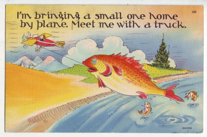 P908 1949 comic i,am bringing a small fish home by airplane. meet me with truck