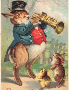 Humanized Rabbit Wearing Hat Vest Playing Trumpet Chick Dances Easter c1910 P162