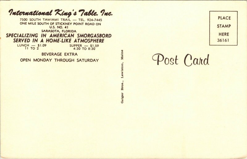 International Kings Table Sarasota FL Florida Postcard VTG UNP Vintage Unused 