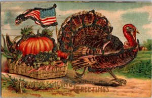 Thanksgiving Greetings Turkey Basket of Fruits Veg Embossed Vintage Postcard T07