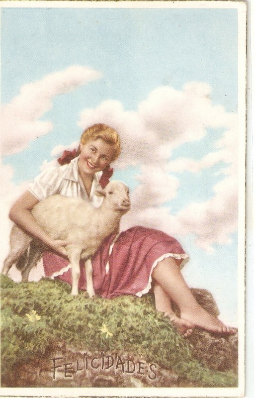 Pretty lady witha lamb Nice vintage Spanish greetings postcard