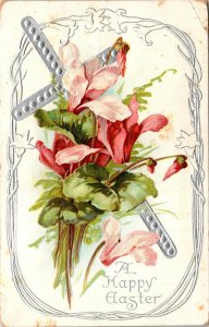 VINTAGE POSTCARD EASTER GREETINGS SILVER CROSS PINK DAFFODILS EMBOSSED c. 1910