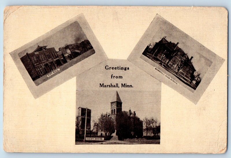 Marshall Minnesota MN Postcard Greetings City Hall High School Court House c1910