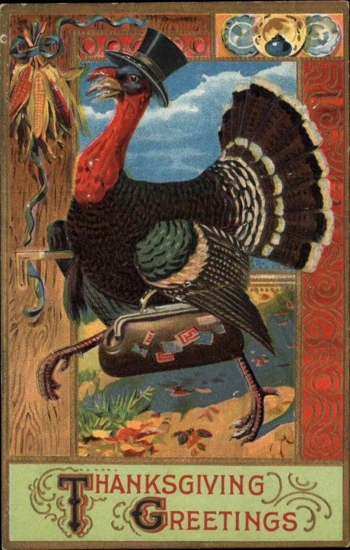 Thanksgiving Fantasy Fancy Turkey with Top Hat c1910 Vintage Postcard