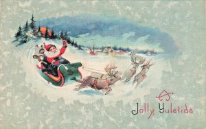 Antique 1920 Postcard Santa Claus Sleigh Christmas Jolly Yuletide