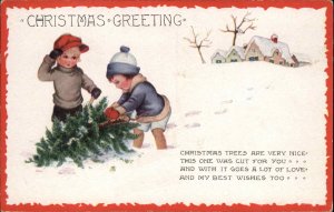 Whitney Cute Kids Children Cut Down Christmas Tree Vintage Postcard