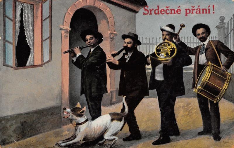 Czech Greeting~Srdečné Přání~4 Man Band & Barking Dog at Door~1910 Postcard 