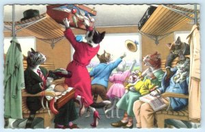 Mainzer Dressed CATS TRAIN INTERIOR Chaos Anthropomorphic #4895 Belgium Postcard