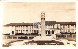 Texas Tx Postcard Real Photo RPPC c1940s NEW LONDON Memorial and SCHOOL Building