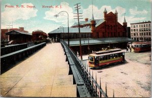 Postcard NJ Newark Market St. Pennsylvania Railroad Depot Streetcars 1910s V183