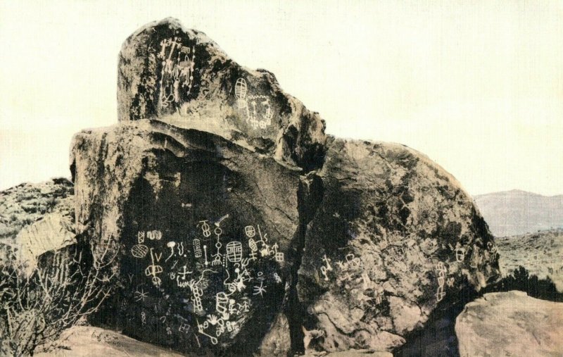 c. 1910 Indian Stone Writing Boulder City Nevada Hand Colored Postcard F91