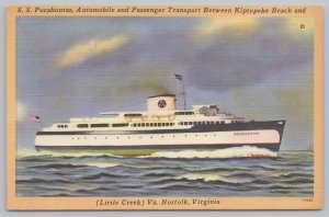Transportation~Norfolk Virginia~SS Pocahontas~Ferry~Ship~Linen Vintage Postcard