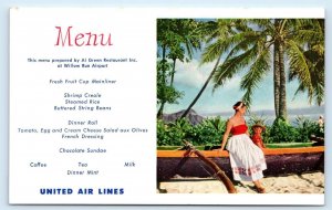 UNITED AIRLINES MENU Advertising WAIKIKI OUTRIGGER Hawaii Chef Salzmann Postcard
