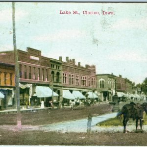 c1910s Clarion, IA Lake St Downtown Postcard Stores Main Horse Fort Dodge A52