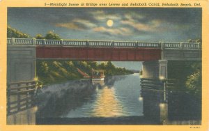 Rehoboth Beach Delaware Bridge Over Lewes & Canal, Moonlight  Linen Postcard