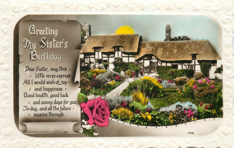 Postcard Greetings birthday flowers  house