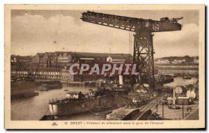 Old Postcard Brest Cruiser in Arm Under The Crane De L Arsenal Boat