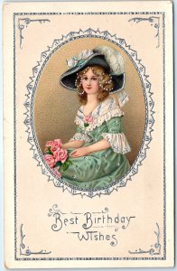 c1910s Best Birthday Wishes Silver Embossed Postcard Victorian Fashion Girl A67