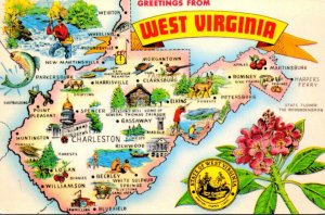 West Virginia Greetings From The Mountain State With Map State Seal and Flower