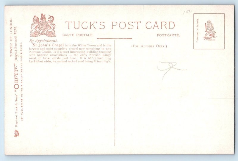 England Postcard Tower of London St. John's Chapel c1910 Oilette Tuck Art