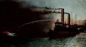 1908 HOBOKEN FIRE BOAT IN ACTION NORTH RIVER, D.L. & W.R.R. POSTCARD 20-276