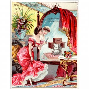 NEW HOME Sewing Machine Co - Orange, Mass - Lady Red Dress -Victorian Trade Card