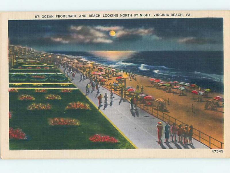 Unused Linen PROMENADE ALONG BEACH AT NIGHT Virginia Beach Virginia VA M7147