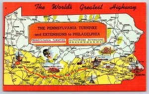State Map~Pennsylvania~Turnpike~Capitol~Pittsburgh~Philadelphia~Linen Postcard