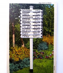 Maine Linen Postcard Sign Post Norway Paris Denmark Naples Sweden Poland Unused