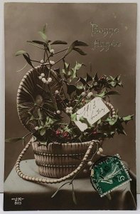 RPPC 1913 Bonne Annee Christmas Basket Hollyberry Happy New Year Postcard A12