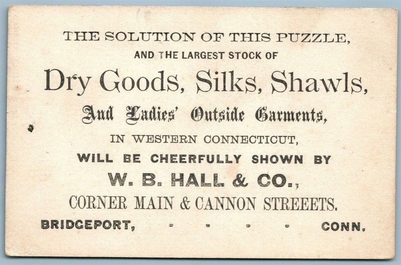 AMERICAN PUZZLE CARD ANTIQUE ADVERTISING VICTORIAN TRADE CARD BRIDGEPORT CT