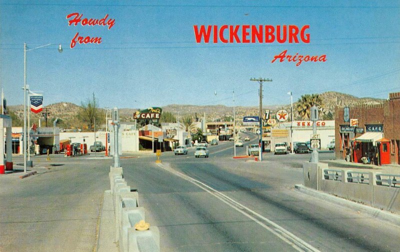 WICKENBURG, AZ Street Scene Roadside Texaco Chevron Gas Stations c1960s Postcard