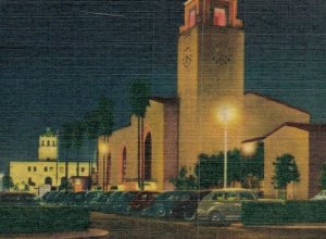 USA Union Station at Night Los Angeles California Linen Postcard 07.69