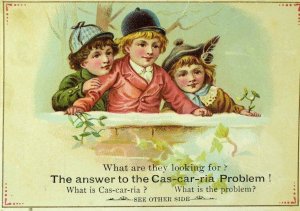 1880's-90's Cas-Car-Ria Medicine Riddle Card Children Brick Wall Snow P91