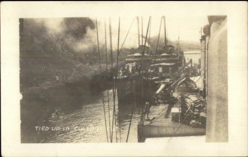 Naval Ships Tied Up in Culebra Cut Panama Canal - Partial Number Ship RPPC