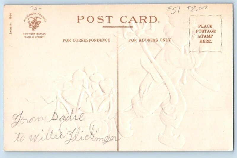 Valentine Postcard Greeting Dutch Boy Pulling Little Wagon Hearts Clapsaddle