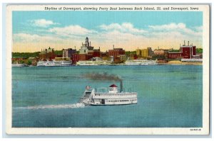 c1940 Skyline Davenport Ferry Boat Rock Island Davenport Iowa Illinois Postcard