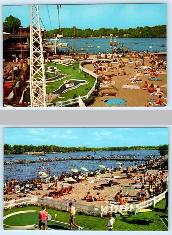 2 Postcards LAKE SHAFER, Indiana IN ~ Beach SKYRIDE & MINIATURE GOLF c1960s