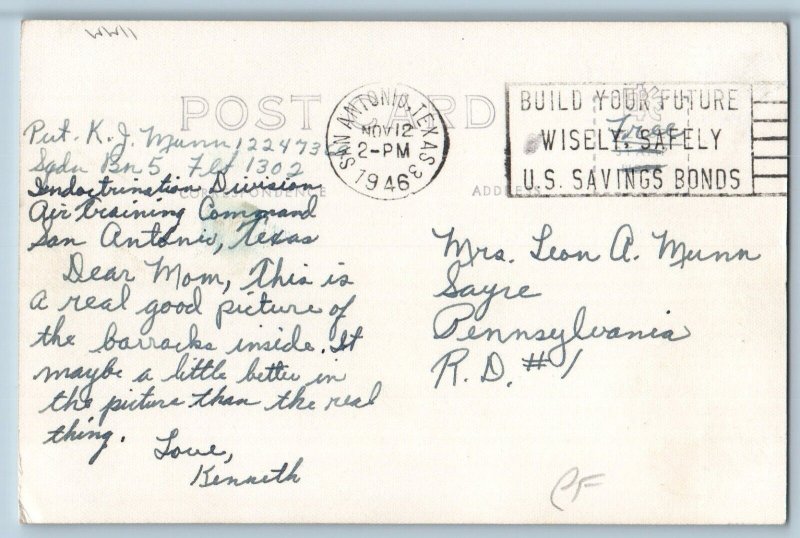 1946 Military Soldiers Barracks Interior WWII San Antonio TX RPPC Photo Postcard